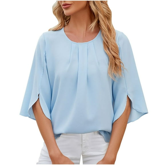 miqiqism Round Neck Tops Women Flounce Half Sleeve Pleated Tshirts Trendy Irregular Hem Blouses Lightweight Quick-dry Tshirt Loose Soft Outfit Fashion Summer Clothing,01_Sky Blue,Small