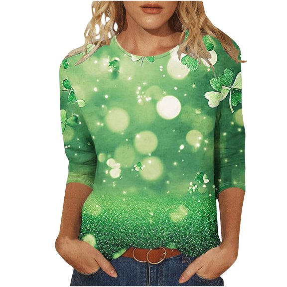 miqiqism ST Patricks Day Womens Shirts 3/4 Sleeve Tops Casual Round Neck Tshirts Top Ladies Fashion Tee Blouses Round Neck Lightweight Clothing,#06_Green,5X-Large