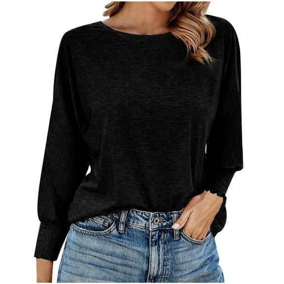 miqiqism Simple Soft Sweatshirts for Women Comfy Crew Neck Long Sleeve Sweatshirt Juniors Casual Basic Pullover Sweater Tops Fashion Solid Loose Tunic Pullover Top,Black,Large