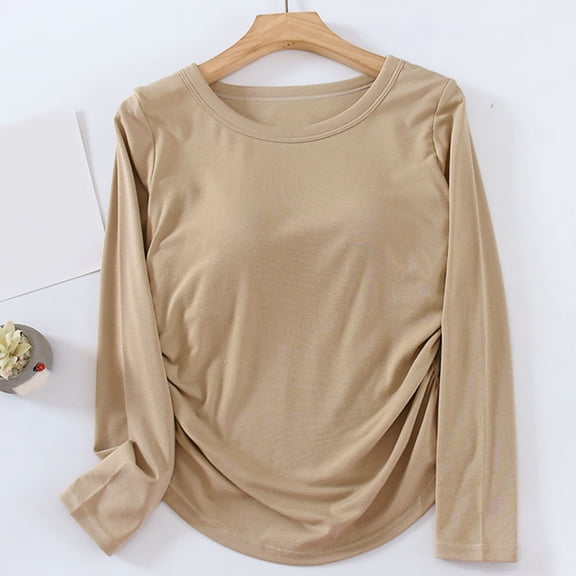 miqiqism Sleep Shirts for Women, Pajama Tops with Padding Women's Casual Long Sleeve Pleated Tops Comfy Soft Loungewear Lady Solid Lightweight Sleepwear,01_Khaki,Small