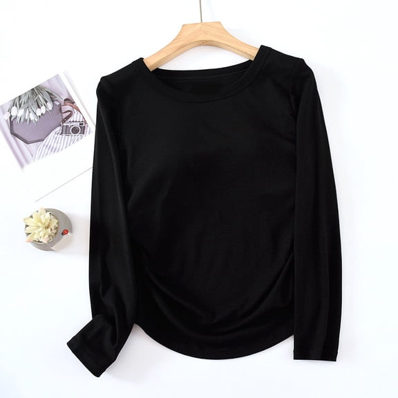 miqiqism Sleep Shirts for Women, Pajama Tops with Padding Women's Casual Long Sleeve Pleated Tops Comfy Soft Loungewear Lady Solid Lightweight Sleepwear,01_Black,Medium
