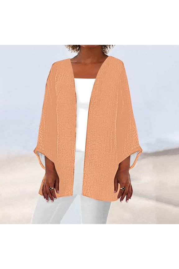 Solid Color Cardigans Women's Puff Sleeve Kimono Casual Loose Cover Up Boho Blouse Tops Juniors Open Front Sweaters Summer Boho Tunic Clothes,Orange,Large