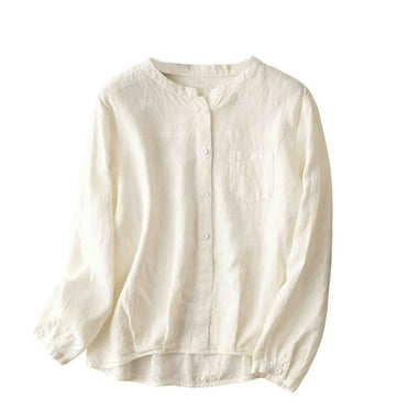 miqiqism Solid Color Tops For Juniors Casual Button Down Shirts Lady Trendy Comfy Long Sleeves Tees Women's Loose Fit Flowy Blouses Dressy Pullover Clothes,WhiteLarge