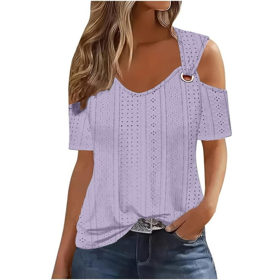 miqiqism Summer Tops for Women 2024 Trendy Casual Solid Color Shirt Teen Girls V Neck Shoulder Leakage Top Juniors Fashion Short Sleeve Pullover Blouse,Purple,5X-Large