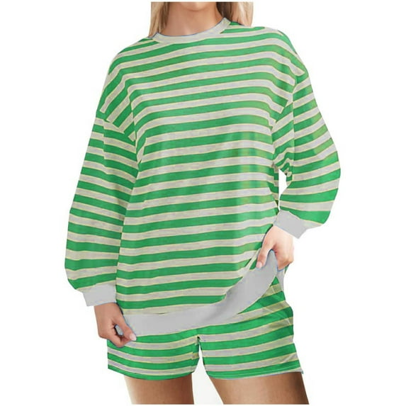 miqiqism Sweater Sets Women Oversized Lounge Sets Striped Matching Pajamas Trendy Long Sleeve Sweater Top and Shorts Loose Fit Drop Shoulder Sets,Green,XX-Large