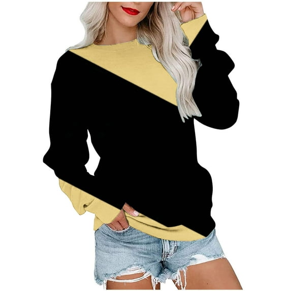 miqiqism Sweatshirt for Women Comfy Long Sleeve Blouses Juniors Round Neck Tee Shirts Trendy Relaxed Fit Workout Sweater Casual Colorblock Pullover Tunic Clothes,Yellow,XX-Large