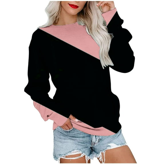 miqiqism Sweatshirt for Women Comfy Long Sleeve Blouses Juniors Round Neck Tee Shirts Trendy Relaxed Fit Workout Sweater Casual Colorblock Pullover Tunic Clothes,Pink,X-Large
