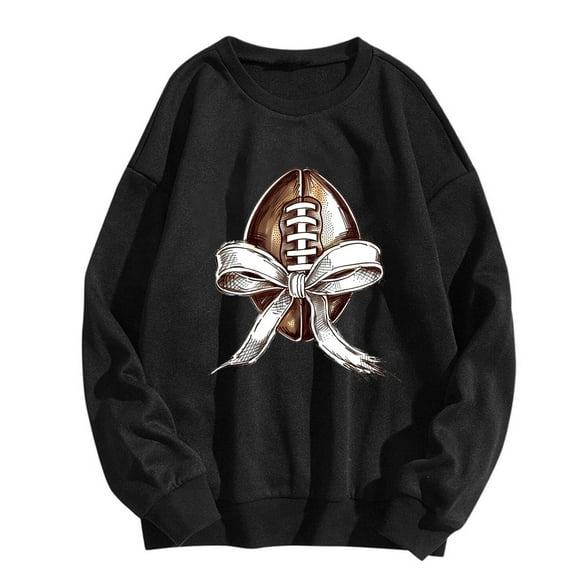 miqiqism Sweatshirt for Women Football Bow Print Hoodie Juniors Round Neck Long Sleeve Hooded Long Sleeves Pullover Tunic Hoodies,Black,Large