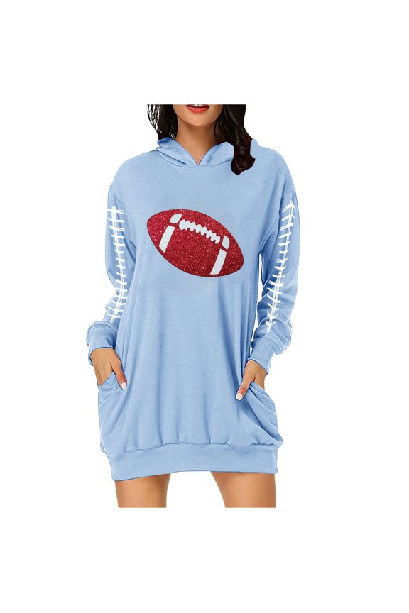 Sweatshirts Dress for Women Fashion Rugby Printed Hoodies Dresses Juniors Comfy Long Sleeve Oversized Hooded Dress Loose Fit Pullover with Pockets,Light Blue,Medium