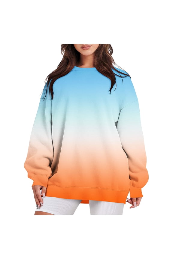 Sweatshirts for Women Comfy Crewneck Long Sleeve Shirts Tunic Tops for Leggings Fall Fashion Trendy Color Block Gradient Blouses,Orange,Large