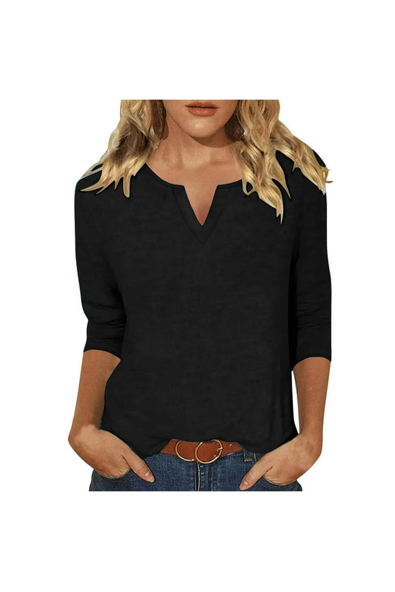 Trendy Henley Neck Tshirts For Women Fashion Casual Solid Color Tops Teen Girls Long Sleeves Slim Fit Blouses Juniors Basic Tunic Pullover Clothing,Black,XX-Large
