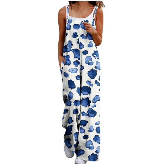 miqiqism Trendy Overalls for Women Plus Size Fit Rompers Casual Floral Printed Jumpsuits Comfy High Waist Jumpsuits Cozy Wide Leg Overall Pants Adjustable Bib Overall,Blue,3X-Large