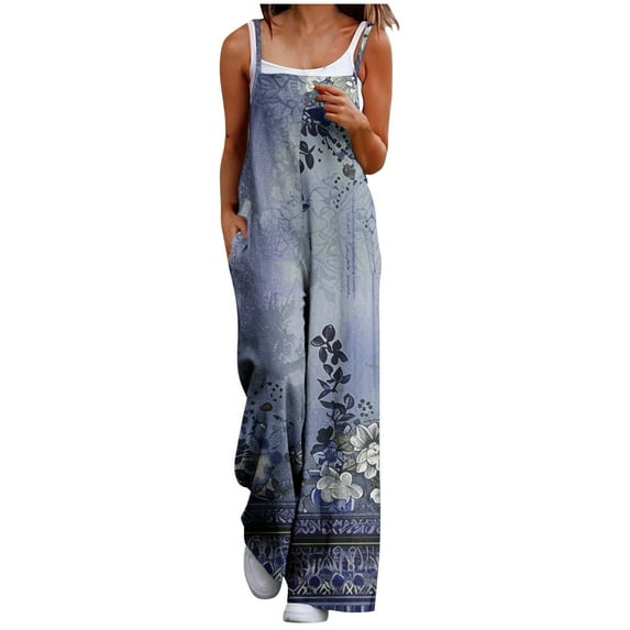 miqiqism Trendy Overalls for Women Plus Size Fit Rompers Casual Floral Printed Jumpsuits Comfy High Waist Jumpsuits Cozy Wide Leg Overall Pants Adjustable Bib Overall,N#01_Navy,Large