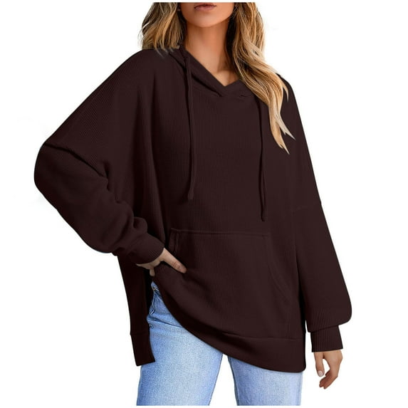 miqiqism Trendy Pullover Hooded for Women Casual Drop Shoulder Solid Hoodies Juniors Comfy Long Sleeves Crew Neck Sweatshirt Teen Girls Drawstring Side Split Blouses,Brown,Large