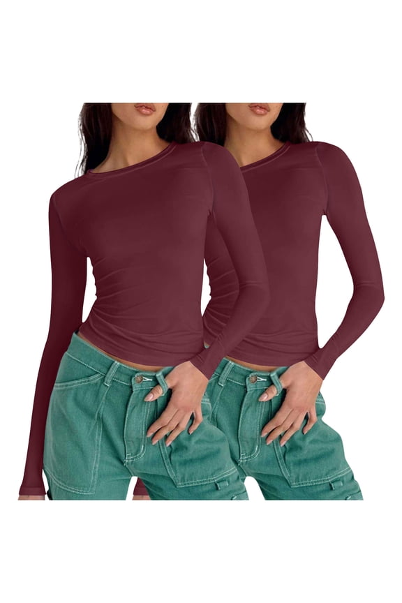 Two PCS Womens Ribbed Shirts Crewneck Fitted Tops Casual Underscrubs Layer Slim Tight Basic Pullover T-Shirts Trendy Y2k Outfits Teens Girls Clothes