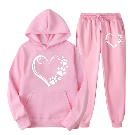 miqiqism Valentines Day Hooded Set for Women, 2 Pcs Long Sleve Top Warm Pant Cute Heart Sweatshirts Outfit with Pockets Lady Thermal Loungewear,03_Pink,X-Large