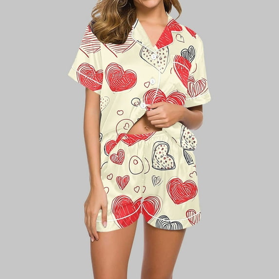 miqiqism Valentines Day Pajamas for Women Heart Sets Fashion Button Down Tshirts with Shorts Soft Short Sleeve Tops Button Front PJ Shirts Outfit Clothing,06_Red,Large