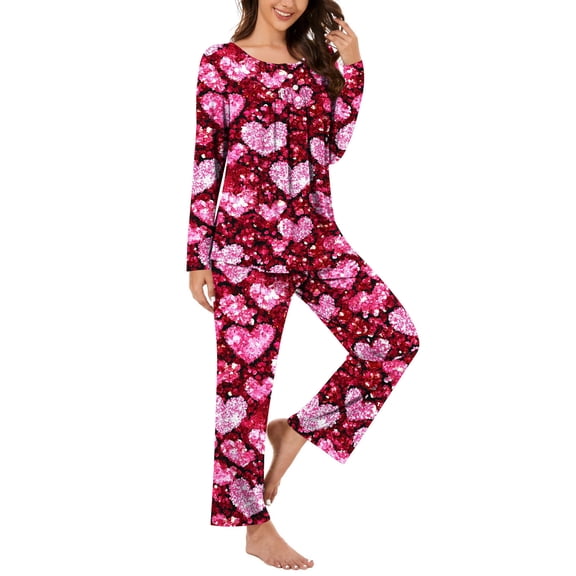 miqiqism Valentines Day Women Sleepwear Set Trendy Heart Loungewears Classic Pleated Button Tunic Blouses Tops High Waist Pants Holiday Pjs Sets with Pockets,02_Pink,Small