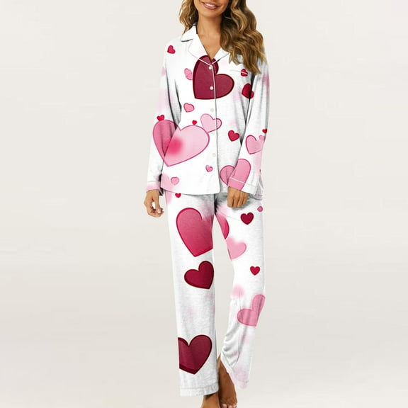 miqiqism Valentines Day Womens Pajama Sets Open Front Button Pajama Loungewear Set Long Sleeve Tops Tshirts Wide Leg Pants Trousers Cute Heart Clothing,01_Multicolor,XX-Large