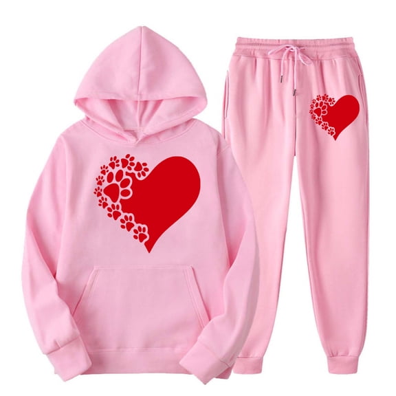 miqiqism Valentines Day Womens Sweatshirts Sets, Cute Heart Paw Hoodie Tops and Elastic Waisted Trouser, Fleece Lined Loungewear, Lightweight Outside Clothing,02_Pink,Medium