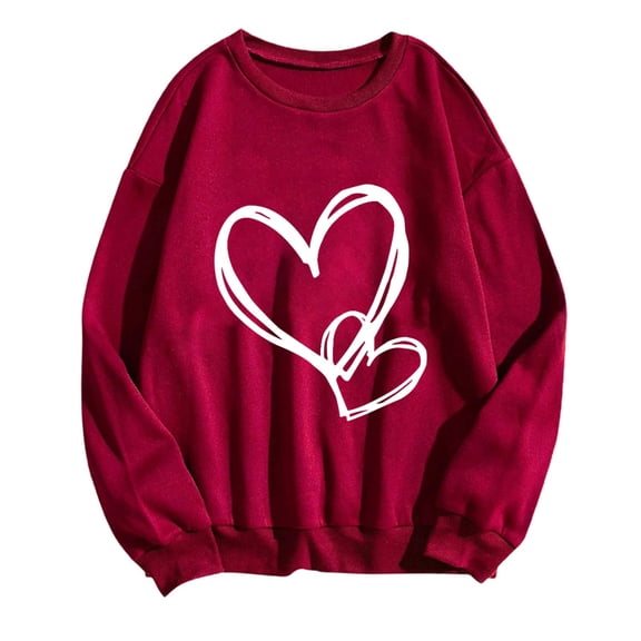 miqiqism Valentines Shirts for Women Cute Love Heart Print Sweatshirt Juniors Long Sleeve Tunic Tops Trendy Casual Crewneck Pullover Sweater Comfy Drop Shoulder Blouses,Red,Large