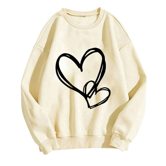 miqiqism Valentines Shirts for Women Cute Love Heart Print Sweatshirt Juniors Long Sleeve Tunic Tops Trendy Casual Crewneck Pullover Sweater Comfy Drop Shoulder Blouses,Beige,Large