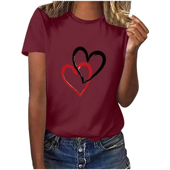 miqiqism Valentines Womens Outfits Short Sleeve Heart Grapghic Tshirts Top Loose Round Neck Pullover Shirts Lightweight Blouses Clothing 2025 Tees Blouses,#02_Wine,L