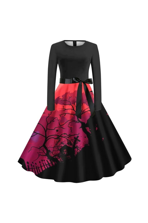 Vintage Dress for Women Comfy Round Neck Dresses Teen Girls Slim Fit Skirts Juniors A Line Hem Swing Skirt with Bow Vintage Printed Costume,Red,Medium