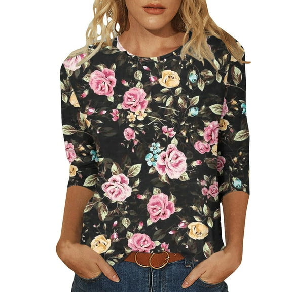 miqiqism Vintage Tees for Women Floral Printed Tees Women's Fashion Casual Round Neck Blouses Teen Girls Long Sleeve Printing T-Shirt Fall Pullover Top,Black,Small