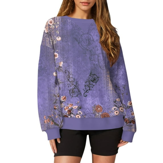 miqiqism Vintage Tops for Women Fall Exercise Pullover Blouses Juniors Comfy Long Sleeve Round Neck Shirts Casual Winter Ethnic Floral Tunic Sweatshirts,Purple,Medium
