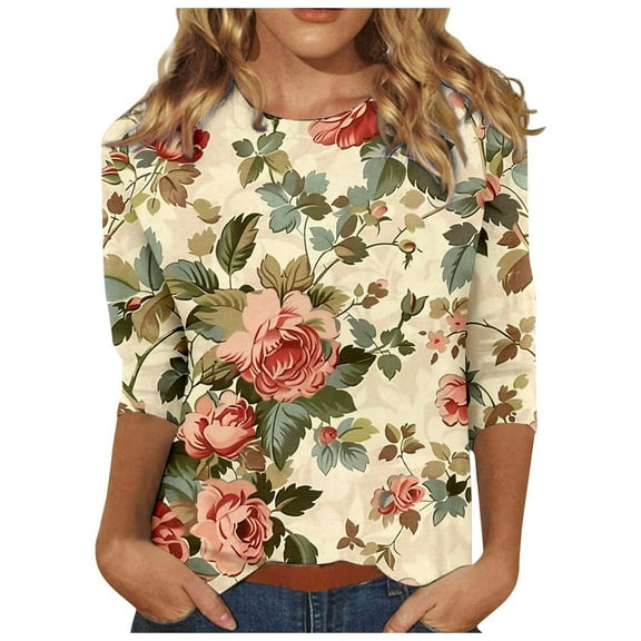 miqiqism Vintage Tops for Women Trendy Floral Printed Blouses Teen Girls Casual Slim Fit Shirt Juniors Crew Neck Blouse Fashion Long Sleeves Clothes,Khaki,Large