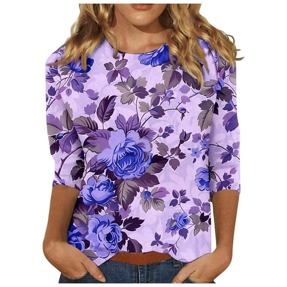 miqiqism Vintage Tops for Women Trendy Floral Printed Blouses Teen Girls Casual Slim Fit Shirt Juniors Crew Neck Blouse Fashion Long Sleeves Clothes,Purple,X-Large