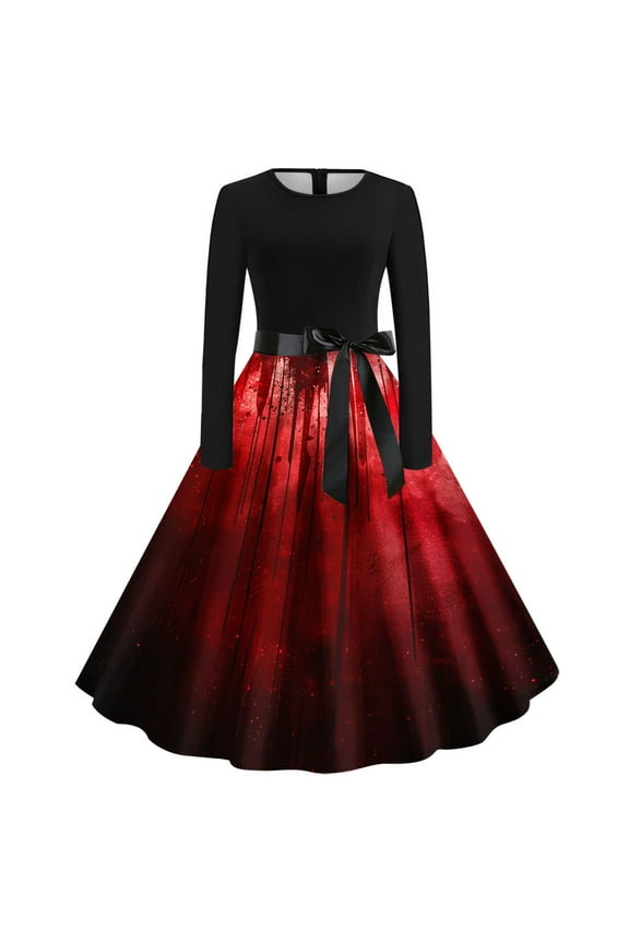Waist Tie Flare Dress for Women Comfy Round Neck Dresses Juniors Fashion Printed Long Sleeve Dress Teen Girls Evening Party Casual Dresses,Red,Medium