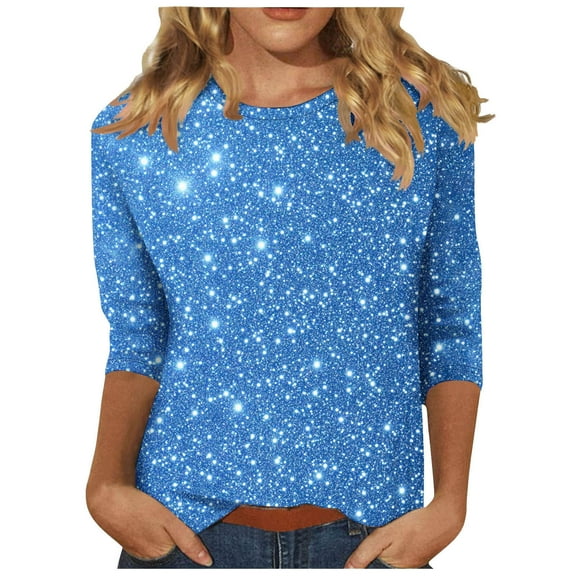 miqiqism Woman Casual 3/4 Sleeve Shirts Trendy Glitter Pullover Tops Round Neck Tunic Tshirts Summer Loose Top Outfits,01_Blue,Medium
