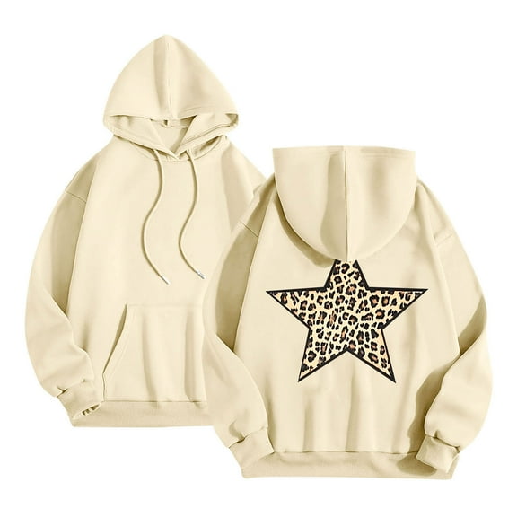 miqiqism Woman Fleece Hooded Sweatshirt Leopard Star Shirts Long Sleeve Oversize Pullover Tops Trendy Drawstring Hoodies Shirts Outfit,S02_Beige,Small