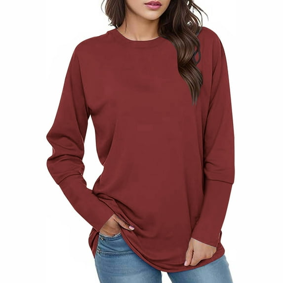 miqiqism Woman Long Sleeve Tunic Top for Leggings Fashion Round Neck Tshirts Loose Business Workout Pullover Tops Tees Dressy Blouses,01_Wine,XX-Large
