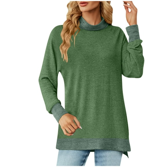 miqiqism Woman Loose Shirts Patchwork Tunic Tops Long Sleeve Pullover Tshirts Womens Casual Side Slit Cotton Blouses Ladies Lightweight Tee Outfit,01_Green,Small