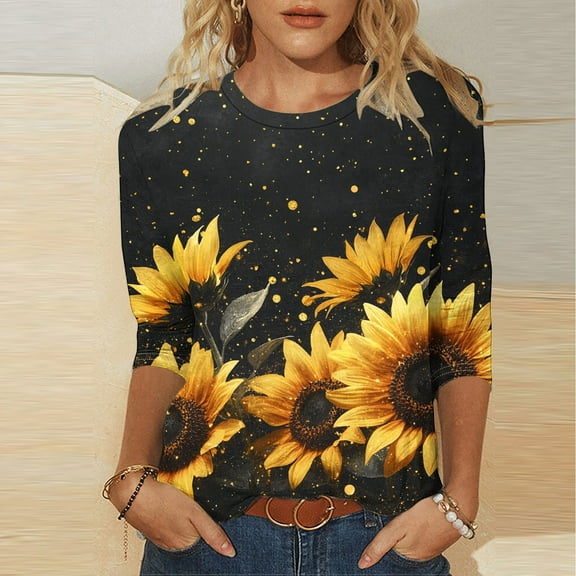 miqiqism Woman Sunflower Tshirts 3/4 Sleeve Tunic Tops Teen Girls Crewneck Blouses Loose Basic Tees Summer Lightweight Outfit Spring Plus Size Clothing,01_Black,XX-Large