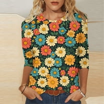 miqiqism Woman Sunflower Tshirts 3/4 Sleeve Tunic Tops Teen Girls Crewneck Blouses Loose Basic Tees Summer Lightweight Outfit Spring Plus Size Clothing,01_Yellow,3X-Large