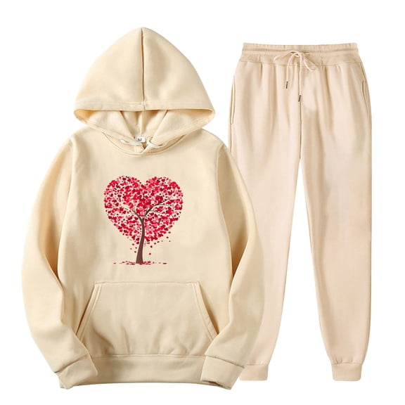 miqiqism Woman Valentines Day Sweatshirt Sets Heart Pullover Tops Fleece Lined Warm Sweater and High Waisted Sweatpant Lady Cute Heart Loungewear,02_Beige,Small