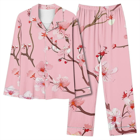 miqiqism Women 2 Piece Floral Pajamas Lounge Set Y2k Long Sleeve Button Down Shirts Trendy Lapel Neck Tee Wide Leg Pants Pjs Matching Sets Fall Sleepwear,Pink,Small