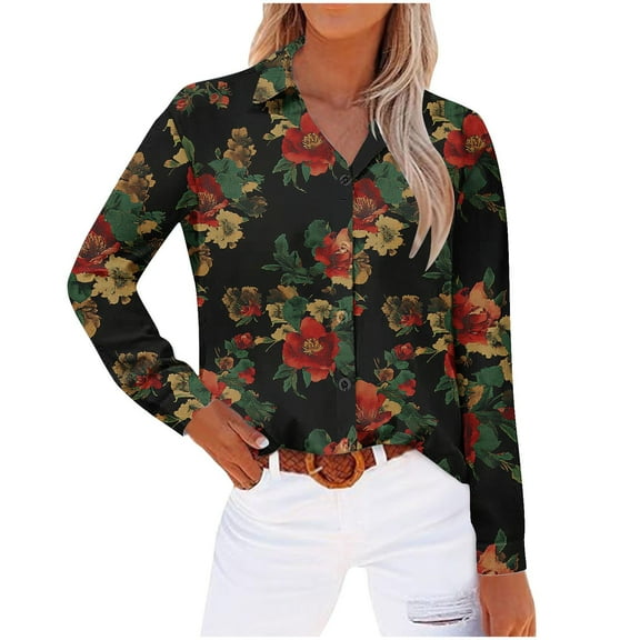 miqiqism Women Boho Floral Shirts Long Sleeve Button Shirt Fashion Lapel Neck Open Front Tshirts Blouses Classic Basic T-Shirts Vacaion Outfit Workout Clothing,01_Black,3X-Large