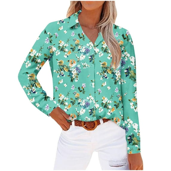 miqiqism Women Boho Floral Shirts Long Sleeve Button Shirt Fashion Lapel Neck Open Front Tshirts Blouses Classic Basic T-Shirts Vacaion Outfit Workout Clothing,02_Green,XX-Large