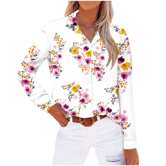 miqiqism Women Boho Floral Shirts Long Sleeve Button Shirt Fashion Lapel Neck Open Front Tshirts Blouses Classic Basic T-Shirts Vacaion Outfit Workout Clothing,02_Pink,XX-Large