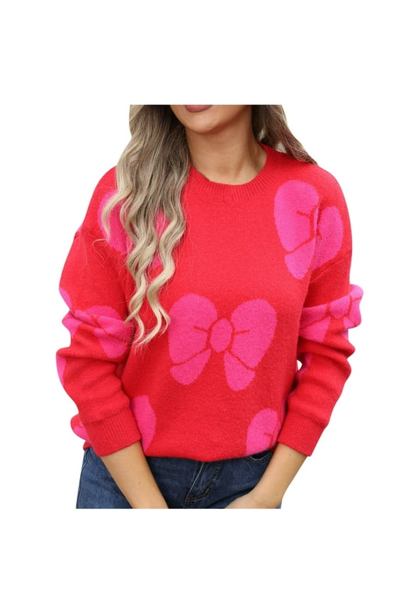 Women Bow Graphic Sweater Trendy Long Sleeve Y2k Bow Print Sweaters Juniors Oversized Knitted Pullover Blouses Crew Neck Drop Shoulder Jumper Tops Knitwear,Red,Small