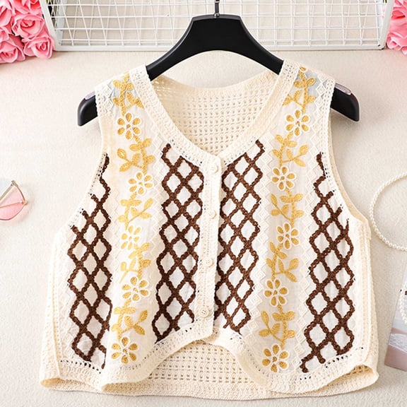 miqiqism Women Button Front Knit Vest Tops Teen Girls Striped V Neck Sleeveless Checkered Knit Sweater Casual Fasion Cropped Blouses Trendy Button Down Tank Top,Yellow,Free Size