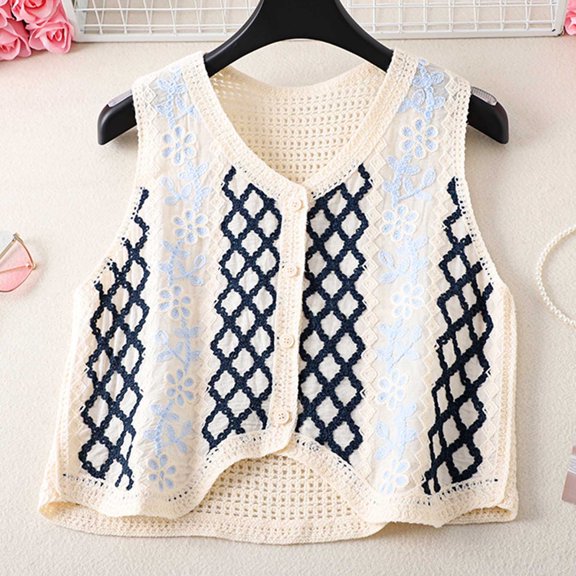 miqiqism Women Button Front Knit Vest Tops Teen Girls Striped V Neck Sleeveless Checkered Knit Sweater Casual Fasion Cropped Blouses Trendy Button Down Tank Top,Light Blue,Free Size