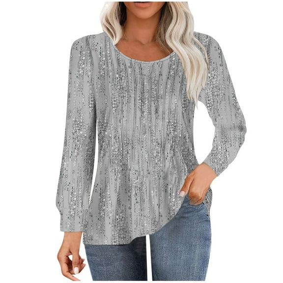 miqiqism Women Casual Crewneck Blouses Trendy Pleated Tunic Sweatshirts Juniors Vintage Floral Printed Flowy Shirts Teen Girls Long Sleeves Clothes,Gray,Large