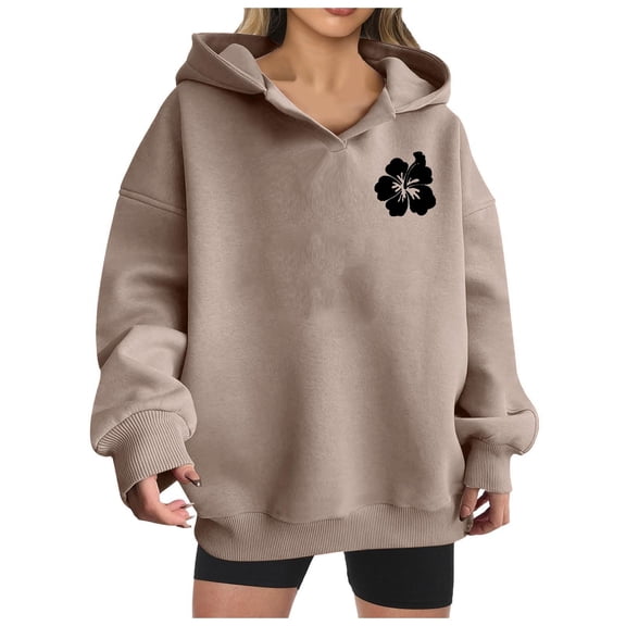 miqiqism Women Casual Hoodies Trendy Graphic Print Long Sleeve Hooded Sweatshirts 2024 Fall Pullover Preppy Clothes Comfy Drop Shoulder Tops,Khaki,X-Large