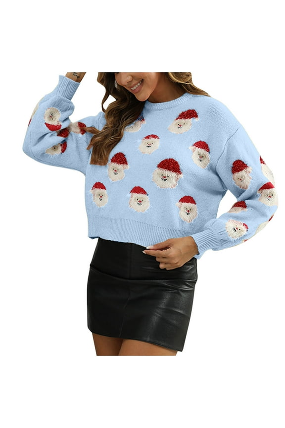 Women Christmas Pullover Sweaters Santa Claus Print Loose Fit Knitted Cropped Tops Long Sleeves Crew Neck Jumper Tops Juniors Trendy Winter Sweater,Light Blue,Large